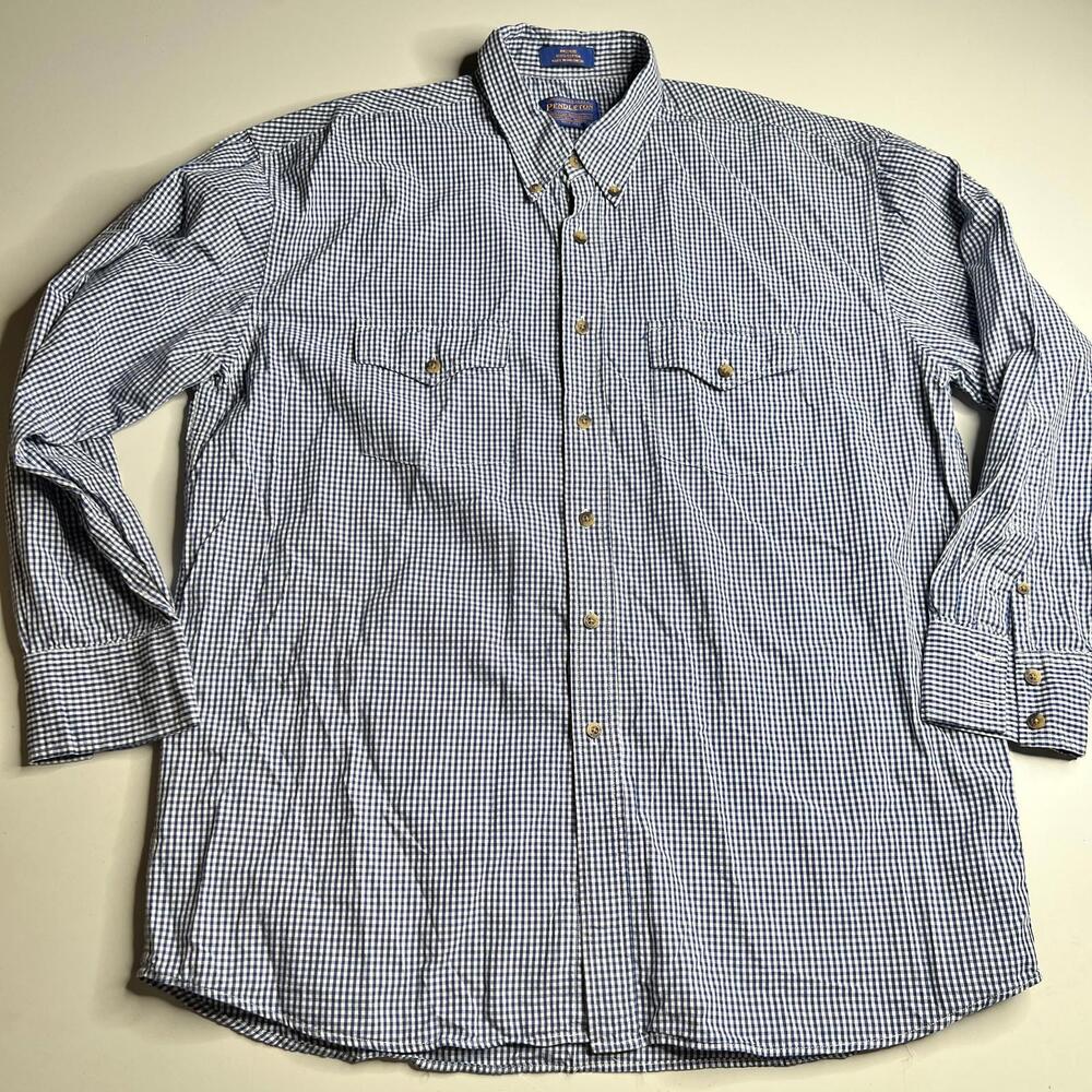 Pendleton Shirt Mens Large Blue Check Long Sleeve Button‎ Up Pockets Cotton